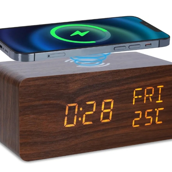 Digital Wooden Alarm Clock with Wireless Charging - Picture 1 of 5